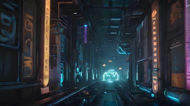 a train going through a tunnel with neon lights