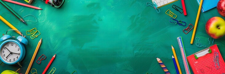 A green background with a clock, pencils, and other school supplies