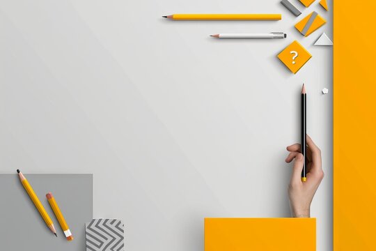 abstract background with icons representing business, such as hand holding question mark and pencil