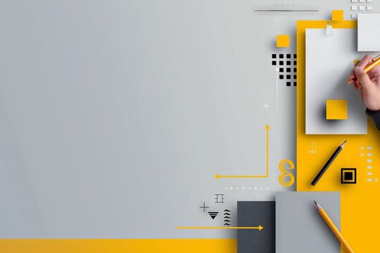 abstract background with icons representing business, such as hand holding question mark and pencil