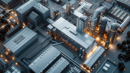 A minimalistic B2B aerial view of a complex industrial factory during daytime with lights on, frosted glass texture, white background, sleek and modern design, simplified structures, clean lines, ampl