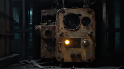 a very old machine with a yellow light in the dark
