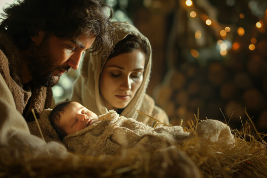 Birth of Jesus in the manger: baby Jesus in a manger, surrounded by Mary and Joseph in a humble setting. Religious nativity scene, Christmas story, spiritual depiction, holy family, faith inspiration,
