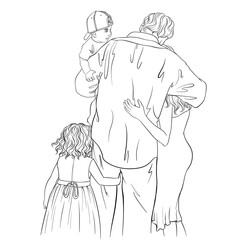 A family embraces: son, father, daughter and mother. Line art illustration.