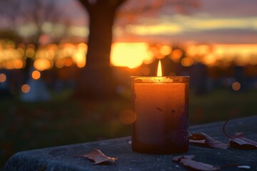 A solitary candle flickers in the darkness, surrounded by the blurred silhouettes of gravestones. The warm glow casts an eerie ambiance, evoking feelings of mystery and contemplation.