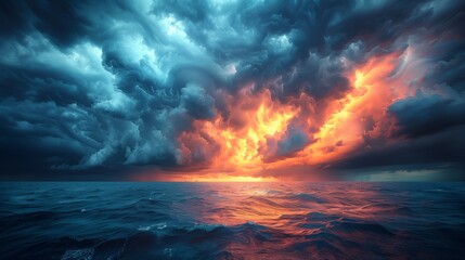 Fototapeta premium A powerful panoramic scene showcasing a dramatic stormy sky with dark, rolling clouds and lightning strikes illuminating the landscape. The image captures the intensity and raw energy of a storm