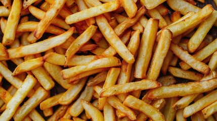 A close up of many french fries. The fries are golden brown and appear to be freshly cooked