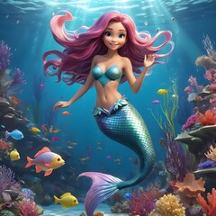 A 3D cartoon mermaid with flowing hair and a sparkling tail, swimming underwater with colorful fish. 