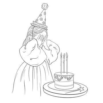 recommend clip art: Little girl with a birthday cake. Line art illustration. 