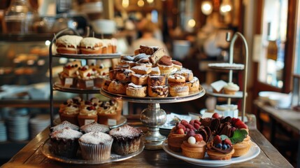 Naklejka premium Delightful Spread of Pastries and Cakes on Vintage Cafe Table