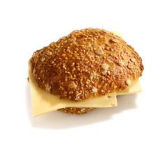 Burger isolated on dark background. Burger clipping path. Top view. Selective focus and copy space. 