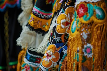 A stunning close-up of a traditional Hispanic dance costume, showcasing intricate embroidery and vibrant colors. The delicate threads and patterns create a mesmerizing visual effect.