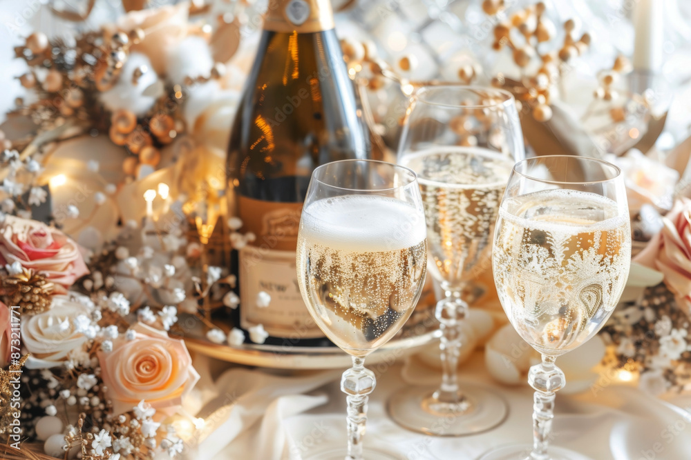 Sticker Merry Christmas and Happy New Year festive background with champagne and glass