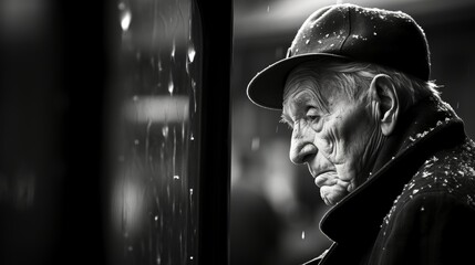 Man tearfully watching departing train from station window, bidding farewell to loved one