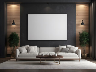 large white empty screen in a living room interior on an empty dark wall background,3D rendering design