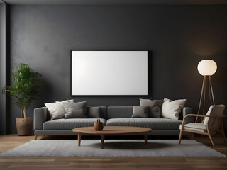 large white empty screen in a living room interior on an empty dark wall background,3D rendering design