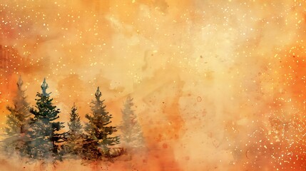 Elegant Christmas scene on a yellow-orange background with distressed vintage texture and watercolor stains, simple and vibrant, primary colors