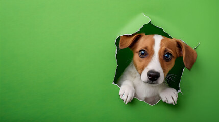 Adorable Puppy Peeking Out from a Torn Green Paper Background