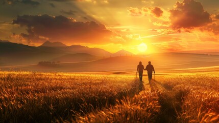 Evening trek with two adventurers, beautiful sunset,