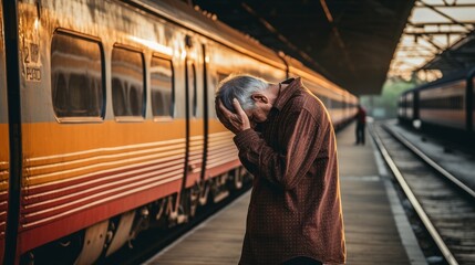 Man wiping tears at station platform after saying emotional goodbye to loved one