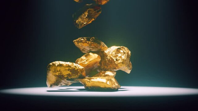 Raw gold nuggets falling on the ground. Concept of wealth, money, riches, economy, golden standard