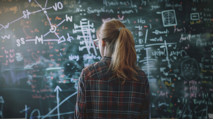 A girl with blonde hair in a ponytail stands at a blackboard. There are many complex math equations on the board. This is a wide shot stock photo in the style of a classroom scene.