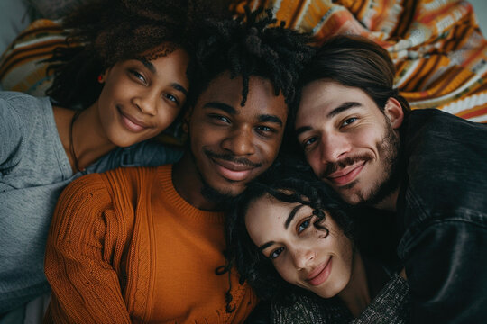 Four friends people lovers embracing lying together in bed. Friendship, happiness togetherness. Ethical non-monogamy polyamory relationship concept