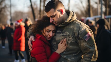Heartfelt farewell scene as crowd bids military personnel goodbye with individual pain at station