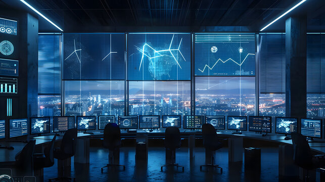 A high tech control room monitors the energy output of a city powered by windmills using predictive algorithms to ensure stability