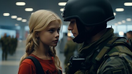 Emotional farewell  soldier bids goodbye to child, embraced by mother in uniform at airport entrance