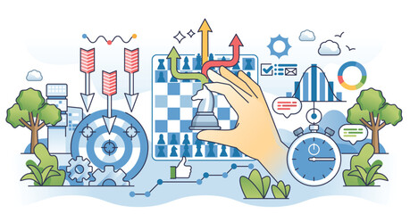 Tactics in business strategy with smart company moves outline hands concept. Effective objective achievements with agility, dynamic positioning and strong leadership decisions vector illustration.