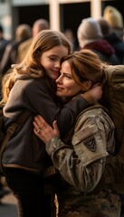 Obraz premium Emotional farewell military mother embracing child at airport entrance with longing in her eyes
