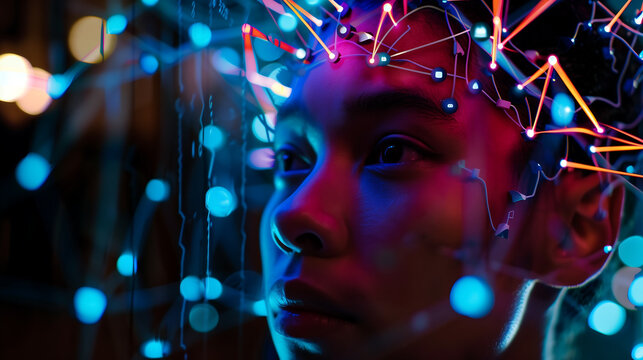 A young man with an array of colorful lights and wires attached to his head, representing the concept of artificial intelligence in futuristic technology.
