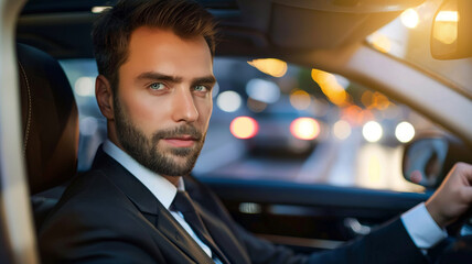 A confident man in a suit driving through the city at night.
