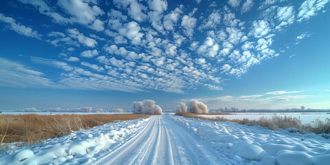 panoramic scene capturing the serene beauty of a winter landscape under a bright blue sky with crisp white clouds. The snow-covered ground and frosty trees add to the peaceful and pristine atmosphere