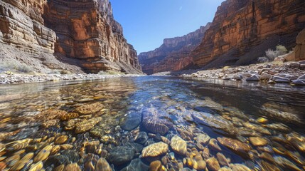 A clear river flowing through a deep canyon, with steep rock walls and clear blue sky above.