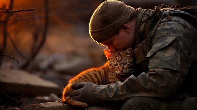 Military serviceman bids farewell to pets  dog and cat share emotional embrace before deployment