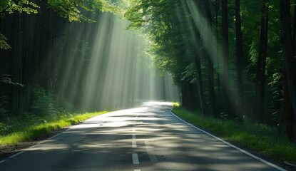 Fototapeta premium A road leading into the distance, surrounded by dense forest and bathed in sunlight, symbolizing endless