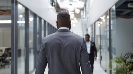 Fototapeta premium Black business professional walking towards team members in a contemporary office environment