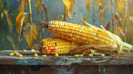 Two yellow corn cobs with white kernels sit on a wooden table. The corn is surrounded by a pile of corn kernels, and the table is covered in a wood grain