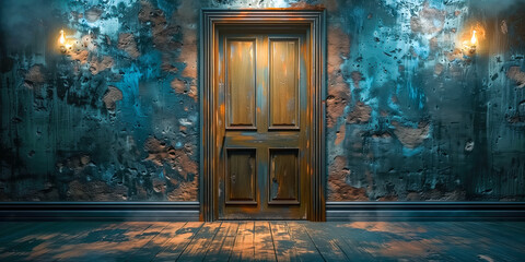 A dark room with a door