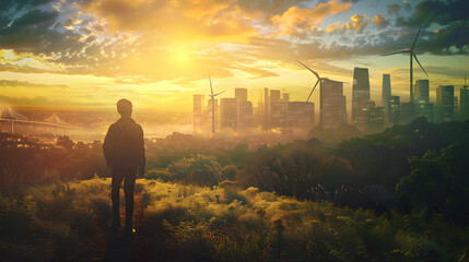 A person living in a sustainable city that is powered by renewable energy. Energy from wind, from sunlight or solar cells is pure energy that will be used in the future