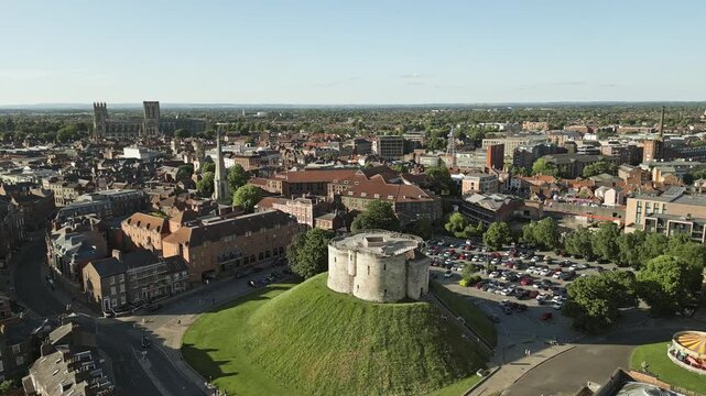 Clifford's Tower aerial pull away, York, North Yorkshire, England