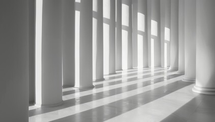 A line of white marble pillars, symmetrical and with high resolution, definition, quality, detail, contrast