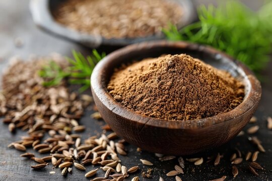A bowl of brown powder is on a table with some green leaves