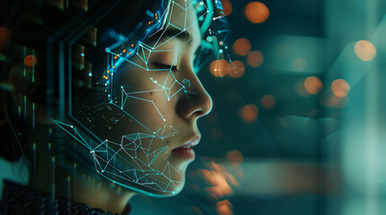 An Asian woman in the foreground with her face surrounded in the style of an AI neural network, set against a backdrop of digital data streams and futuristic technology elements.