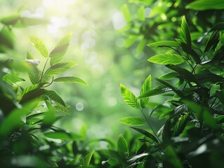 Fototapeta premium Lush green foliage with soft sunlight, natural and refreshing, calming and peaceful, suitable for presentations, posters, and banners, high resolution, photorealistic 