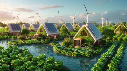 a hyperreal futuristic urban garden with solar-powered irrigation, wind turbines, and green technology, promoting renewable energy and sustainability in agriculture, offering ample copy space for text
