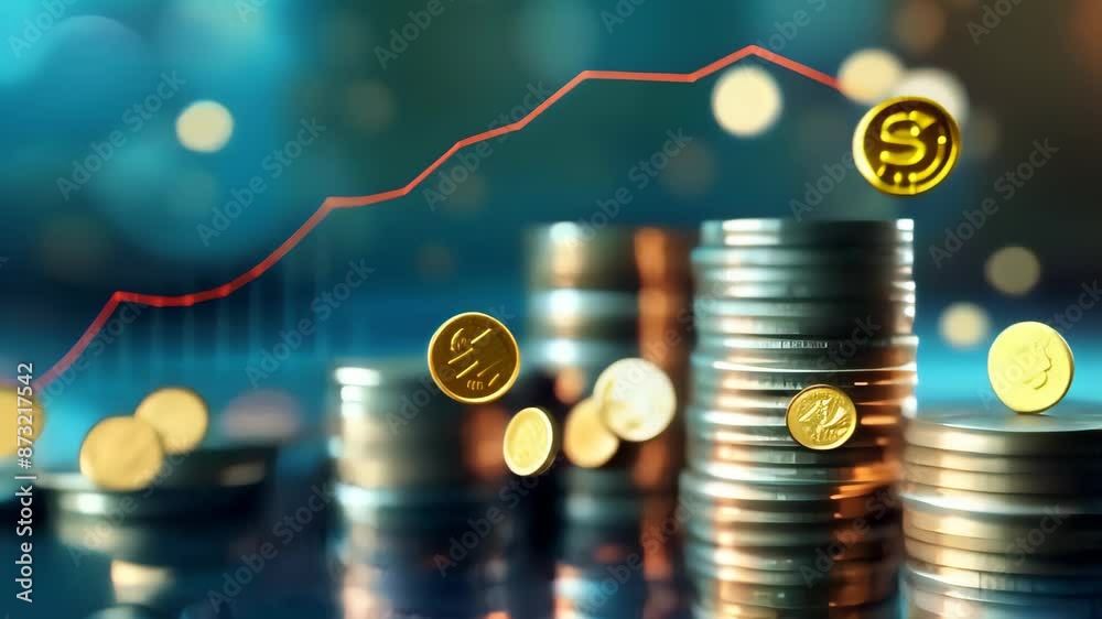 Poster stacks of coins with stock market graph overlay in a vibrant and blurred background. financial growt