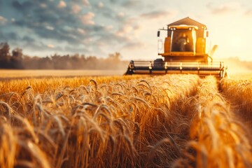 Fototapeta premium A combine harvester operates in a golden wheat field at sunset, showcasing rural farming life.